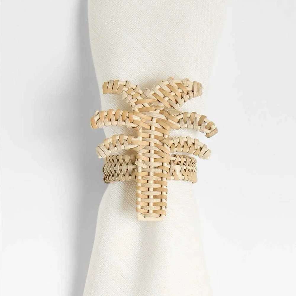 Crate & Barrel Wicker Palm Tree Napkin Rings Set of 4 NEW Coastal Decor
